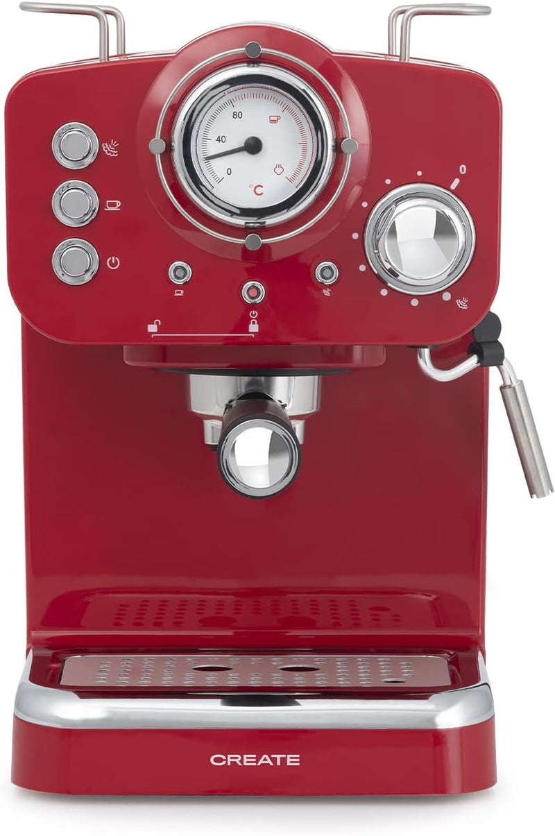 CREATE / THERA MATT RETRO / Express Coffee Maker Matte Pink and  Wood / Ground Coffee and Single Pose, Semi-Automatic Coffee Maker with a 15  Bar Pressure Pump and 1100W Power