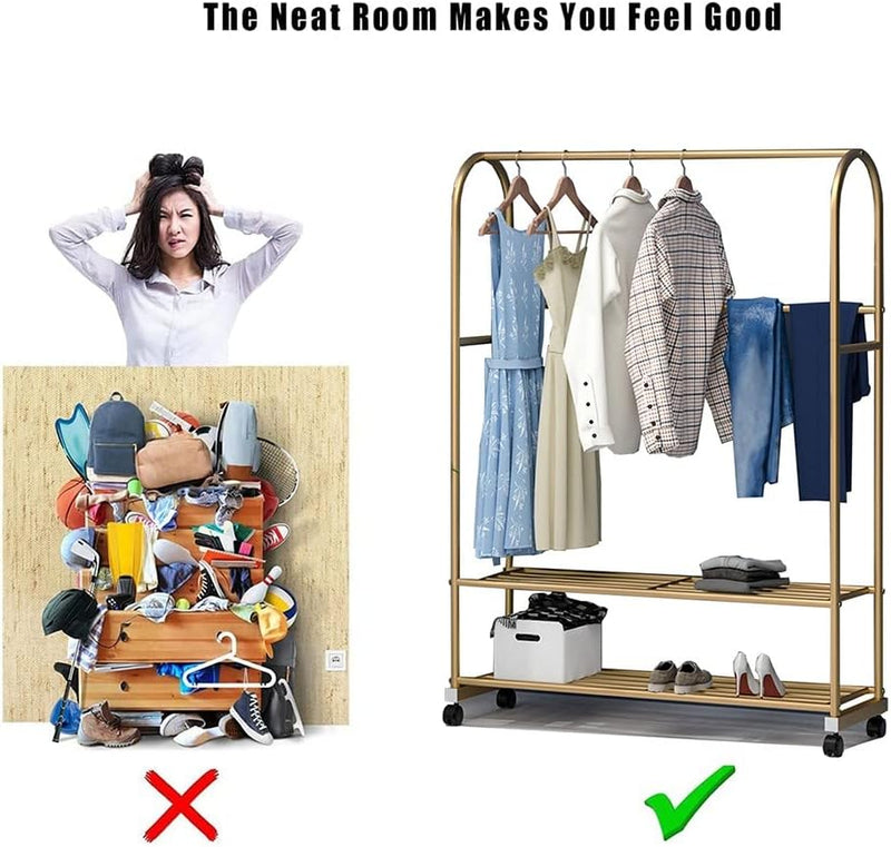 Golden Coat Rack Clothes Rail on Casters, with 2 Shoe Racks &  Hooks Outlet Golden Coat Rack Clothes Rail on Casters, with 2 Shoe Racks &  Hooks Golden Coat Rack Clothes Rail on Casters, with 2 Shoe Racks &  Hooks MEFFEE