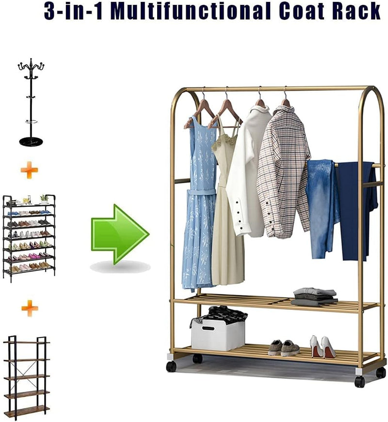 Golden Coat Rack Clothes Rail on Casters, with 2 Shoe Racks &  Hooks Outlet Golden Coat Rack Clothes Rail on Casters, with 2 Shoe Racks &  Hooks Golden Coat Rack Clothes Rail on Casters, with 2 Shoe Racks &  Hooks MEFFEE