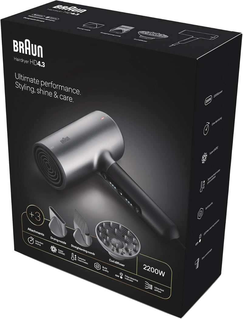 HD4.3 Hair Dryer, 2200W / Grey AIR DRYER 2200W GREY Hair Dryers HD4.3 Hair Dryer, 2200W / Grey AIR DRYER 2200W GREY HD4.3 Hair Dryer, 2200W / Grey AIR DRYER 2200W GREY Braun