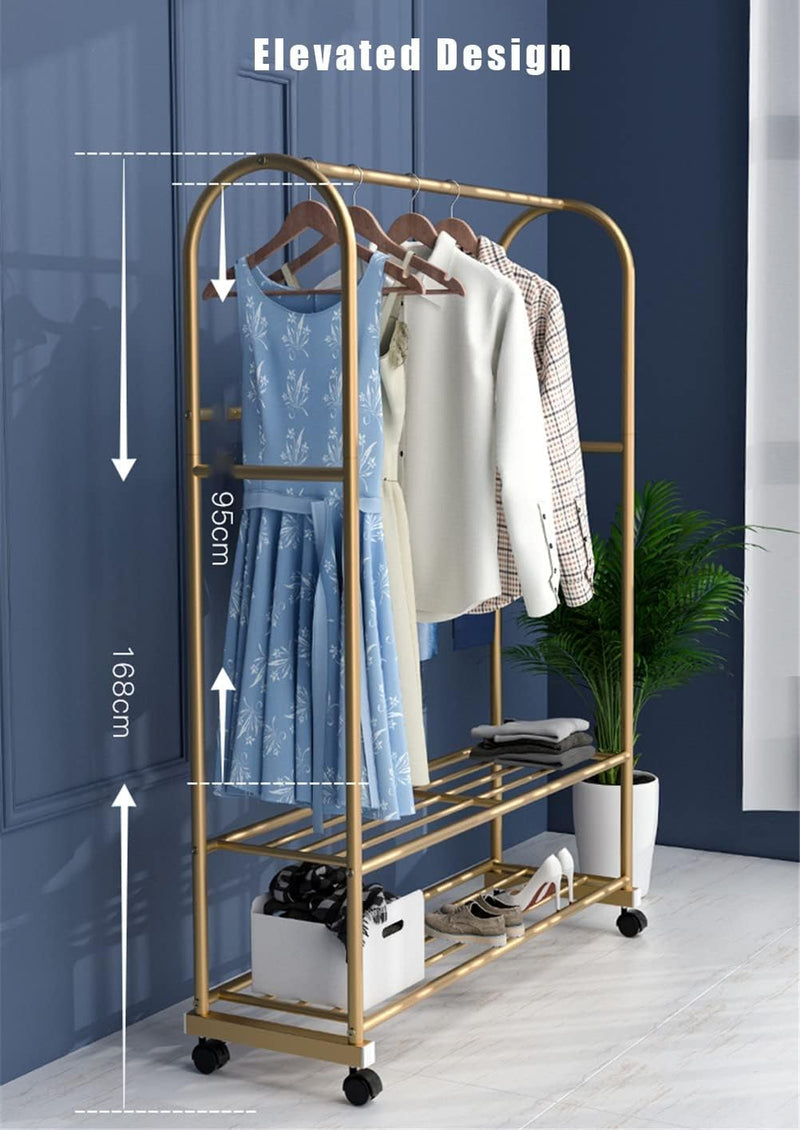 Golden Coat Rack Clothes Rail on Casters, with 2 Shoe Racks &  Hooks Outlet Golden Coat Rack Clothes Rail on Casters, with 2 Shoe Racks &  Hooks Golden Coat Rack Clothes Rail on Casters, with 2 Shoe Racks &  Hooks MEFFEE