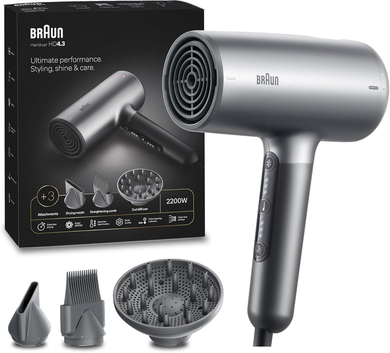 HD4.3 Hair Dryer, 2200W / Grey AIR DRYER 2200W GREY Hair Dryers HD4.3 Hair Dryer, 2200W / Grey AIR DRYER 2200W GREY HD4.3 Hair Dryer, 2200W / Grey AIR DRYER 2200W GREY Braun