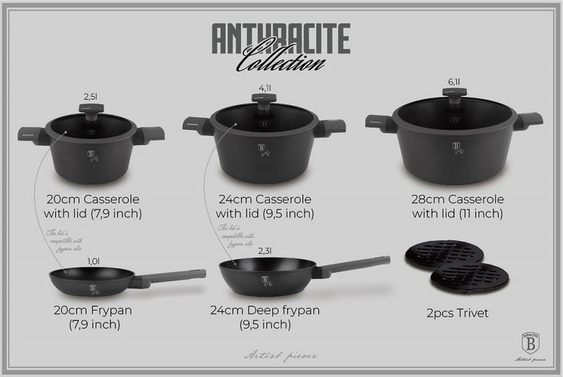 10 Pcs Kitchen Cookware Set, Anthracite