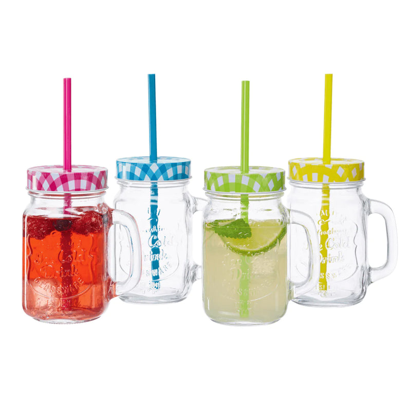 Set of 4 Glass Cups With Lids & Straws