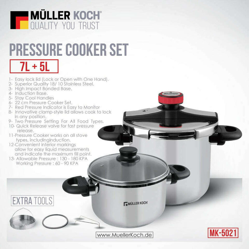 Stainless Steel Pressure Cooker Set – 5L+7L Pressure cooker Stainless Steel Pressure Cooker Set – 5L+7L Stainless Steel Pressure Cooker Set – 5L+7L Muller Koch