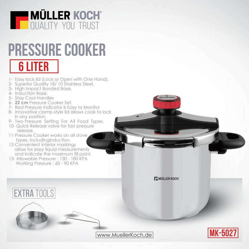 Stainless Steel Pressure Cooker – 6L Pressure cooker Stainless Steel Pressure Cooker – 6L Stainless Steel Pressure Cooker – 6L Muller Koch